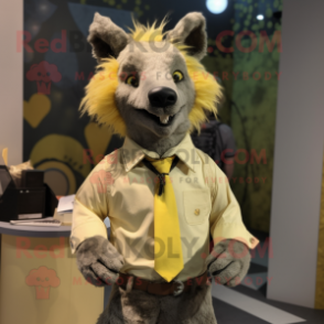 Yellow Hyena mascot costume character dressed with a Oxford Shirt and Tie pins