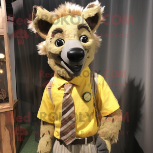 Yellow Hyena mascot costume character dressed with a Oxford Shirt and Tie pins