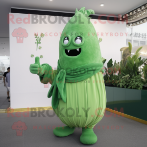 Green Turnip mascot costume character dressed with a One-Piece Swimsuit and Shawl pins