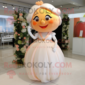 Peach But mascot costume character dressed with a Wedding Dress and Shoe laces