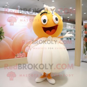 Peach But mascot costume character dressed with a Wedding Dress and Shoe laces