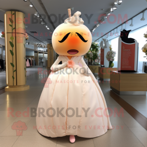 Peach But mascot costume character dressed with a Wedding Dress and Shoe laces