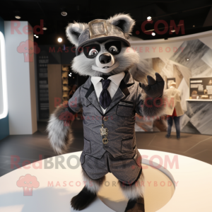 Silver Raccoon mascot costume character dressed with a Suit and Cummerbunds