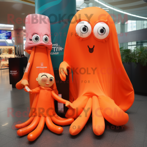 Orange Squid mascot costume character dressed with a Evening Gown and Wallets