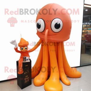 Orange Squid mascot costume character dressed with a Evening Gown and Wallets