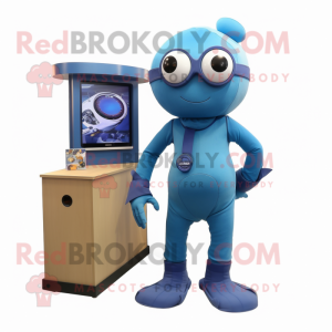 Blue Cyclops mascot costume character dressed with a Jumpsuit and Ties