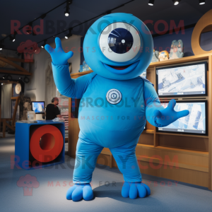 Blue Cyclops mascot costume character dressed with a Jumpsuit and Ties