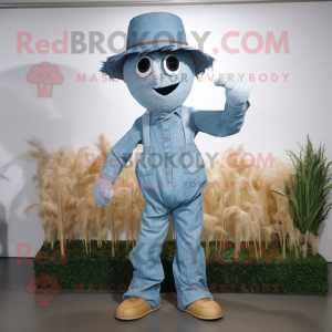 Sky Blue Scarecrow mascot costume character dressed with a Henley Shirt and Hat pins