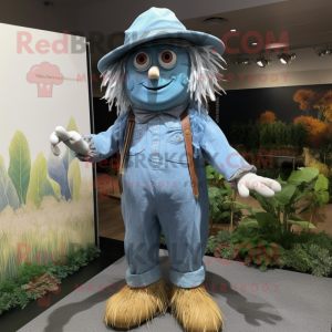 Sky Blue Scarecrow mascot costume character dressed with a Henley Shirt and Hat pins