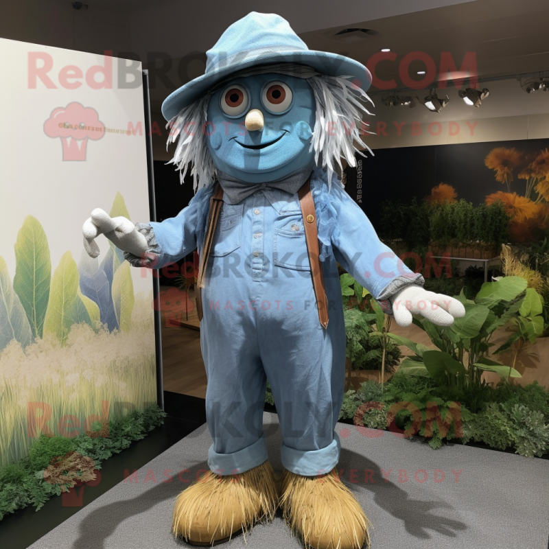 Sky Blue Scarecrow mascot costume character dressed with a Henley Shirt and Hat pins Sky Blue Scarecrow mascot costume character dressed with a Henley Shirt and Hat pins