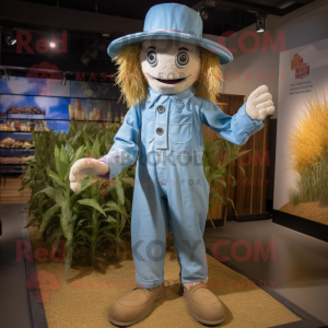 Sky Blue Scarecrow mascot costume character dressed with a Henley Shirt and Hat pins