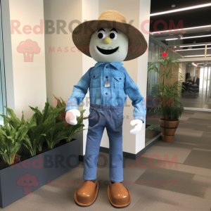 Sky Blue Scarecrow mascot costume character dressed with a Henley Shirt and Hat pins