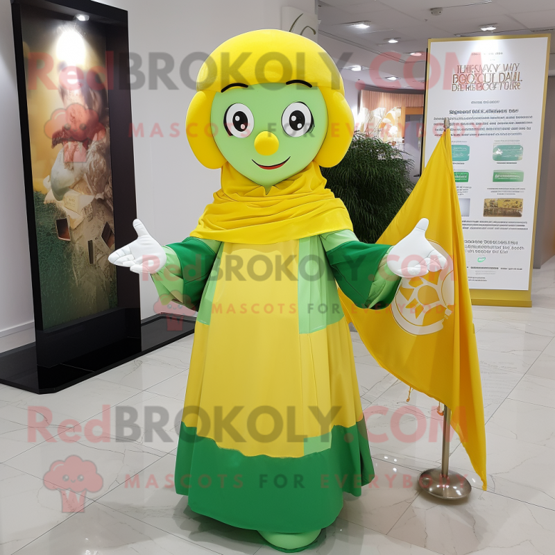 Yellow Irish Flag mascot costume character dressed with a Dress and Shawls Yellow Irish Flag mascot costume character dressed with a Dress and Shawls