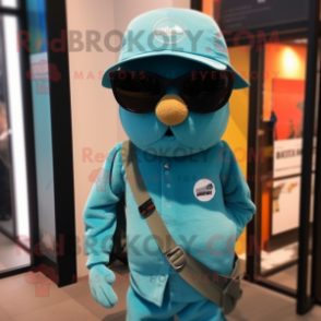 Turquoise Sniper mascot costume character dressed with a Henley Tee and Beanies