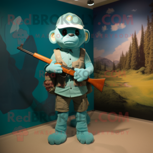 Turquoise Sniper mascot costume character dressed with a Henley Tee and Beanies