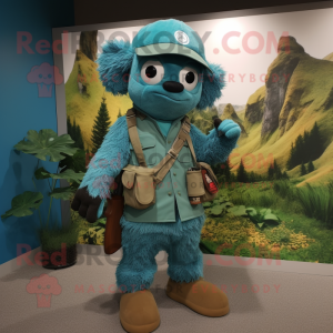 Turquoise Sniper mascot costume character dressed with a Henley Tee and Beanies