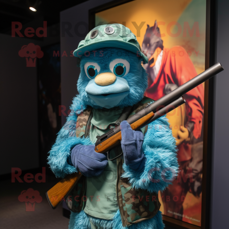 Turquoise Sniper mascot costume character dressed with a Henley Tee and Beanies