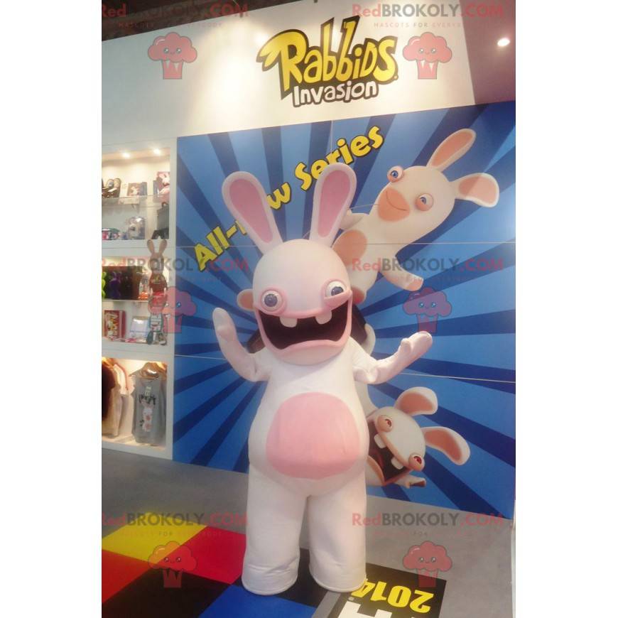 Mascotte de lapin crétin blanc et rose - Redbrokoly.com