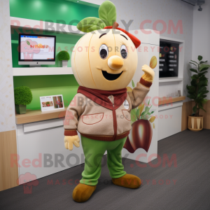 Tan Apple mascot costume character dressed with a Sweatshirt and Pocket squares