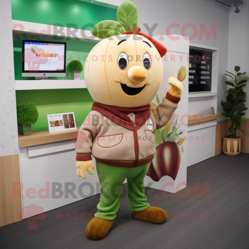 Tan Apple mascot costume character dressed with a Sweatshirt and Pocket squares Tan Apple mascot costume character dressed with a Sweatshirt and Pocket squares
