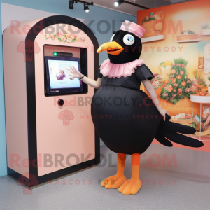 Peach Blackbird mascot costume character dressed with a Shift Dress and Rings