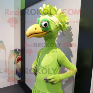 Lime Green Guinea Fowl mascot costume character dressed with a Tank Top and Hair clips