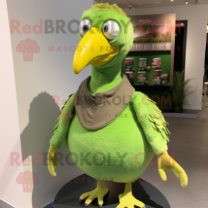 Lime Green Guinea Fowl mascot costume character dressed with a Tank Top and Hair clips