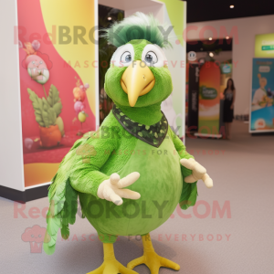 Lime Green Guinea Fowl mascot costume character dressed with a Tank Top and Hair clips