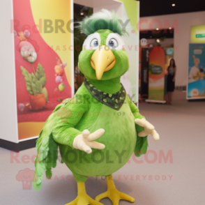 Lime Green Guinea Fowl mascot costume character dressed with a Tank Top and Hair clips
