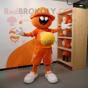 Orange Juggle mascot costume character dressed with a T-Shirt and Shoe clips