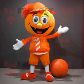 Orange Juggle mascot costume character dressed with a T-Shirt and Shoe clips