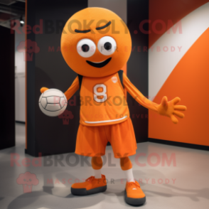 Orange Juggle mascot costume character dressed with a T-Shirt and Shoe clips