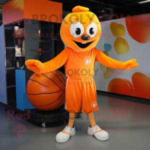 Orange Juggle mascot costume character dressed with a T-Shirt and Shoe clips