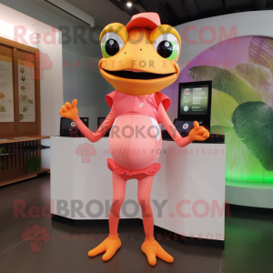 Peach Frog mascot costume character dressed with a Yoga Pants and Hat pins