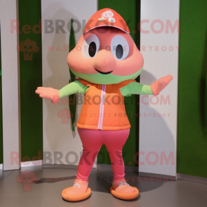 Peach Frog mascot costume character dressed with a Yoga Pants and Hat pins