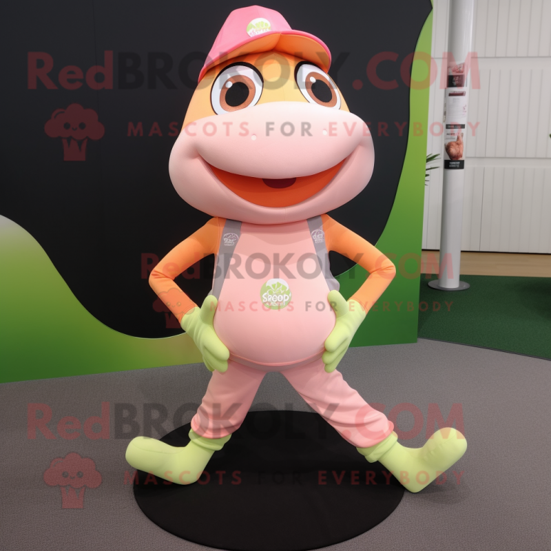 Peach Frog mascot costume character dressed with a Yoga Pants and Hat pins