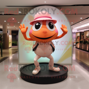 Peach Frog mascot costume character dressed with a Yoga Pants and Hat pins