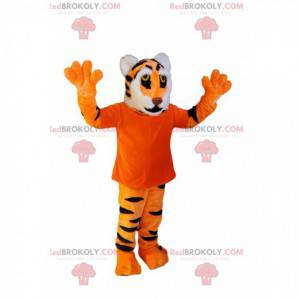 Mascote tigre fofo demais com camiseta laranja - Redbrokoly.com