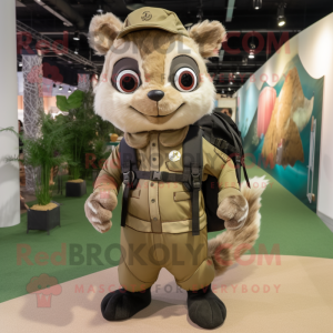 Olive Flying Squirrel mascot costume character dressed with a Dungarees and Backpacks