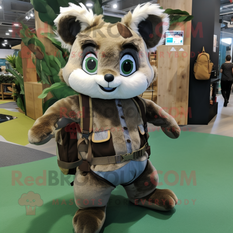 Olive Flying Squirrel mascot costume character dressed with a Dungarees and Backpacks Olive Flying Squirrel mascot costume character dressed with a Dungarees and Backpacks