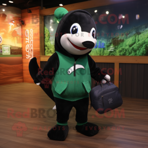 Forest Green Killer Whale mascot costume character dressed with a Hoodie and Tote bags