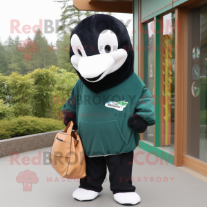 Forest Green Killer Whale mascot costume character dressed with a Hoodie and Tote bags