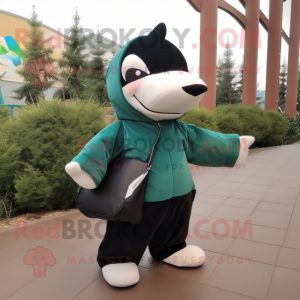 Forest Green Killer Whale mascot costume character dressed with a Hoodie and Tote bags