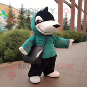 Forest Green Killer Whale mascot costume character dressed with a Hoodie and Tote bags