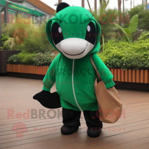 Forest Green Killer Whale mascot costume character dressed with a Hoodie and Tote bags