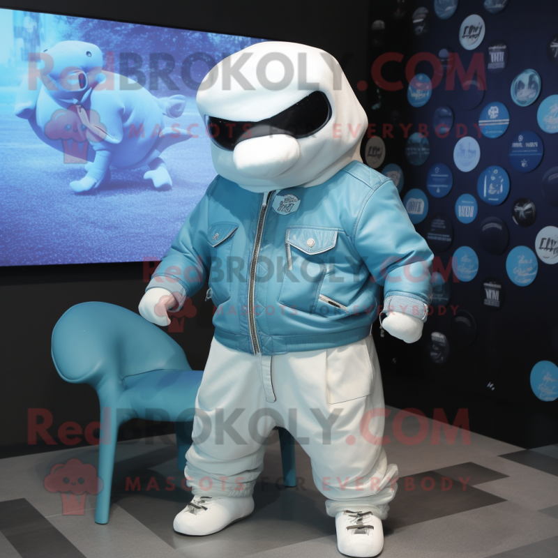 Cyan Beluga Whale mascot costume character dressed with a Leather Jacket and Suspenders