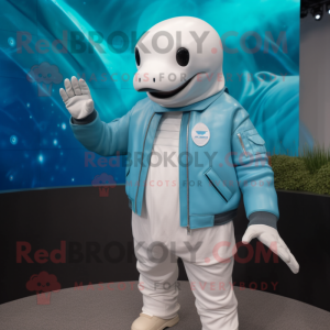 Cyan Beluga Whale mascot costume character dressed with a Leather Jacket and Suspenders