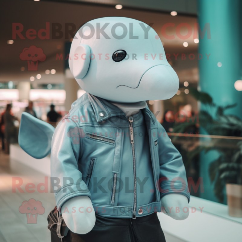 Cyan Beluga Whale mascot costume character dressed with a Leather Jacket and Suspenders