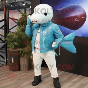Cyan Beluga Whale mascot costume character dressed with a Leather Jacket and Suspenders