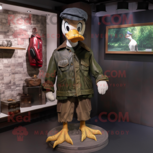 Olive Muscovy Duck mascot costume character dressed with a Leather Jacket and Hat pins